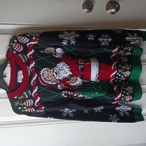 ****Big Colorful Santa Busy Pattern Sparkly Ugly Christmas Mens Sweater Sz Large
